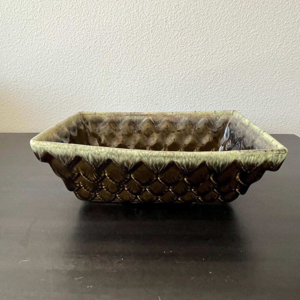 Vintage Hull Pottery Rectangular Planter F45 // Mossy Green Brown Drip Glaze
